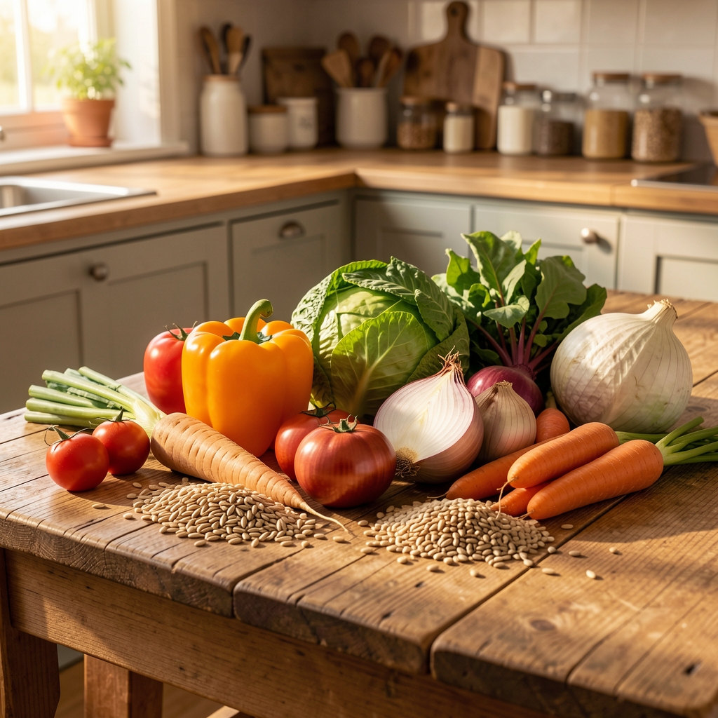 Seasonal vegetables and whole grains arranged on a rustic wooden kitchen table in warm morning light